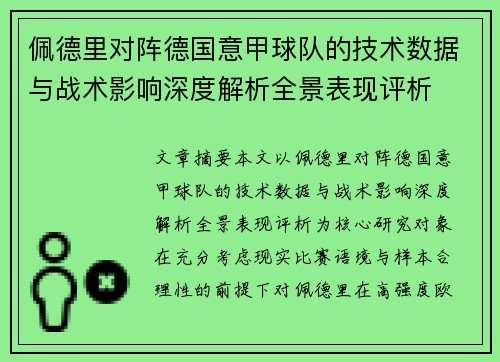 佩德里对阵德国意甲球队的技术数据与战术影响深度解析全景表现评析