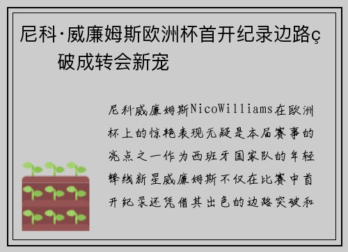 尼科·威廉姆斯欧洲杯首开纪录边路爆破成转会新宠